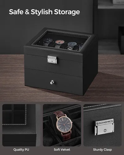 Vista 3 de SONGMICS Caja de reloj de 16 ranuras, caja de reloj con tapa de vidrio, 2 capas, vitrina de reloj con cerradura, cuero sintético negro, forro negro