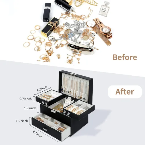 Vista 4 de Dajasan Cajas de joyería para mujeres y niñas, caja organizadora de joyas, 3 capas, organizador de almacenamiento de joyas para aretes, anillos