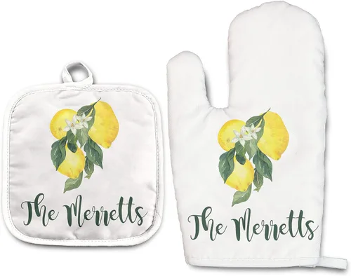 Vista 28 de Angela's Kitchen - Juego de guantes de horno personalizados y soporte para ollas Regalos de cocina personalizados Inauguración de la casa