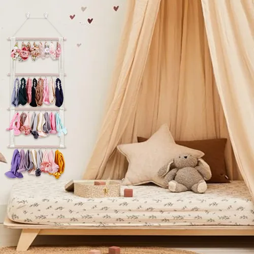 Vista 2 de Organizador de lazos para el pelo para niñas, organizador de accesorios para el cabello de bebé, decoración para colgar en la pared para habitación