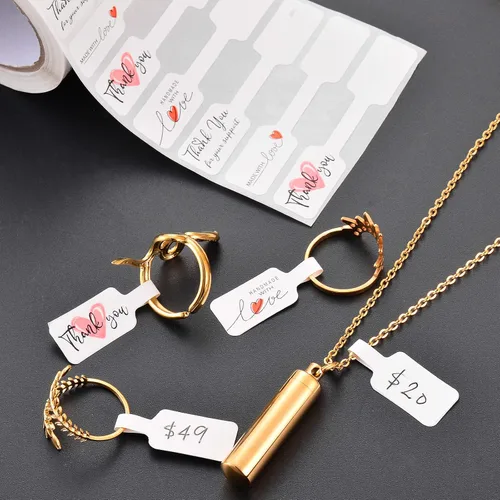 Vista 5 de 1000 etiquetas de joyería de 4 diseños mixtos, calcomanías autoadhesivas enrolladas rectangulares, etiquetas de precio de joyería para collares