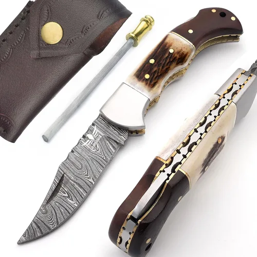 Vista 10 de Cuchillo de bolsillo de damasco Lara Eagle para hombres - Cuchillo plegable de caza de 133 capas de acero sólido hecho a mano con afilador y funda