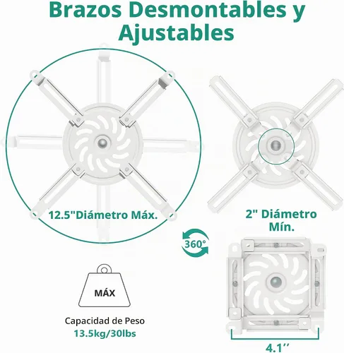 Vista 4 de WALI Soporte de techo para proyector, soporte universal para proyector de perfil bajo con brazos retráctiles y función de ajuste múltiple Blanco