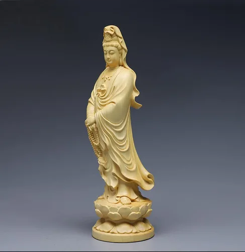 Vista 2 de Estatua de Buda de Feng Shui Kuan yin Buda tallada a mano Estatua de la suerte Quan Yin Estatua de la riqueza Guan Yin Estatua de madera
