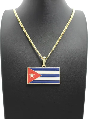 Vista 2 de Collar de cadena de 21 de la bandera de Cuba con colgante de 24 pulgadas color dorado plateado