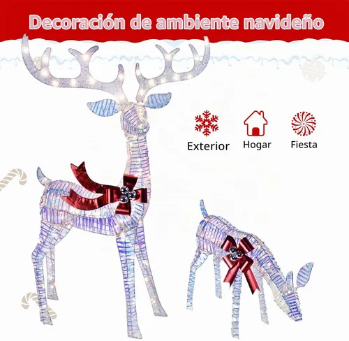 Vista 3 de Decoraciones navideñas para exteriores, familia de renos, decoración navideña iluminada, ciervos iridiscentes, 3 piezas con luces LED, cable