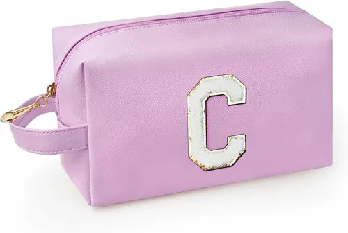 Vista 9 de Bolsa de maquillaje personalizada con inicial con asa, bolsa de cosméticos de preparación con bolsillo interior con cremallera, 8, 9, 10, 11, 12 Rosa