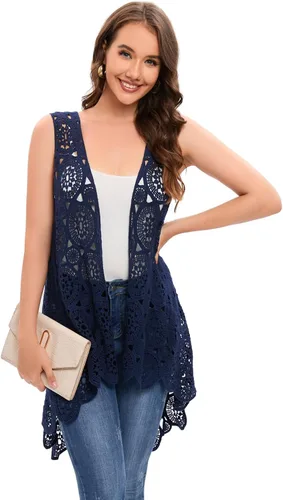 Vista 3 de Chaleco de encaje de ganchillo para mujer, estilo bohemio, sin mangas, kimono con dobladillo irregular