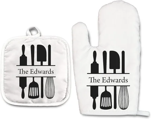 Vista 33 de Angela's Kitchen - Juego de guantes de horno personalizados y soporte para ollas Regalos de cocina personalizados Inauguración de la casa