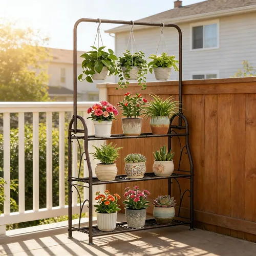 Vista 3 de SORCEDAS Soporte para plantas para interiores y exteriores, estante colgante de esquina de 3 niveles de alto, soportes de metal para flores, soporte