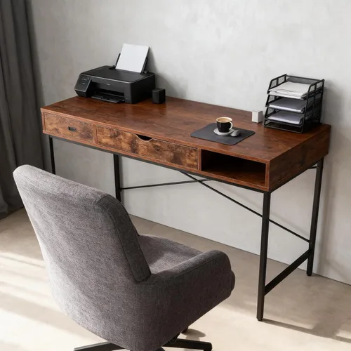 Vista 6 de JJS Escritorio de 48 pies con toma de corriente, escritorio grande contemporáneo para oficina en casa, estación de trabajo para computadora portátil