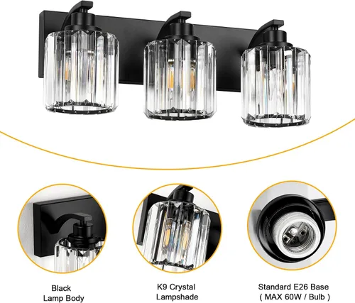 Vista 5 de 3 luces de cristal para tocador de baño, moderna lámpara de baño negra sobre espejo, luces de tocador para dormitorio, baño, pasillo, base E26