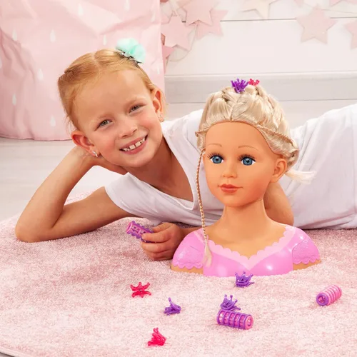 Vista 6 de Bayer: Cabeza para peinar Charlene 27cm con cabello rubio, maquillaje y accesorios para juego creativo Doll with long eyelashes, 10.6 inch height