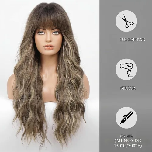 Vista 2 de HAIRCUBE - Peluca marrón con reflejos rubios, peluca larga y rizada con flequillo, peluca marrón de apariencia natural, peluca sintética resistente