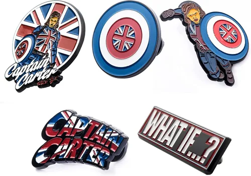 Vista 3 de Marvel Studios Qué pasa sí Capitán Carter - Juego de 5 pines con base de metal esmaltado, viene en una caja circular de 6.3pulgadas con licencia