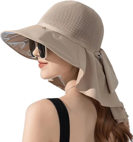 Vista 7 de Sombrero de sol para mujer de malla transpirable de secado rápido UPF 50+ con solapa para el cuello, ala ancha, gorra de playa para pesca Beige