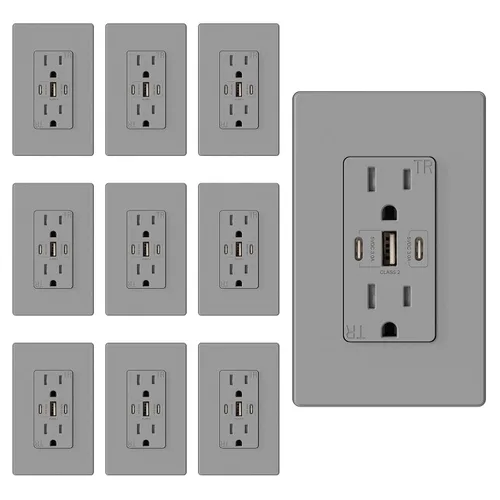 Vista 15 de ELEGRP Tomacorrientes USB, 30 W 6.0 Amp USB C, toma de pared USB de 3 puertos, toma de corriente resistente a manipulaciones de 15 amperios con 2