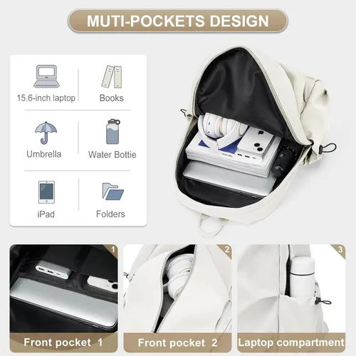 Vista 3 de Mochila escolar para adolescentes, niños y niñas, bonita mochila escolar impermeable casual mochila universitaria, A2-beige, Mochila escolar clásica
