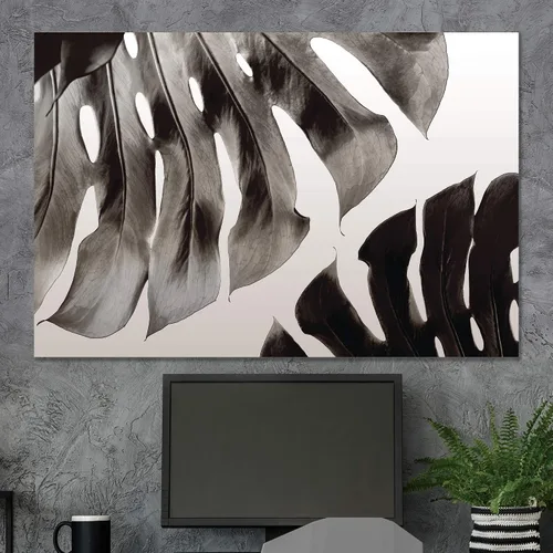 Vista 3 de SigNWIN - Lienzo decorativo para pared, diseño de hojas de monstera tropicales, fotografía realismo, diseño moderno en blanco y negro, para sala
