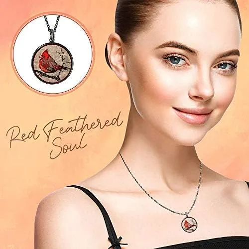 Vista 3 de Lola Bella Gifts and Spirit Lala - Collar cardenal con parte trasera Our Love Never Dies and Red Feathered Soul Poem Card Caja de regalo Duelo, Metal