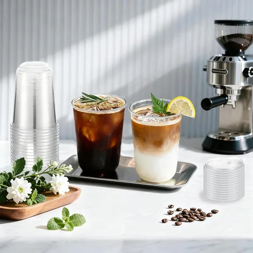 Vista 2 de Paquete de 50 vasos de plástico transparente de 16 onzas con tapas sin pajilla, tazas de café helado con tapas sin pajilla, fondo redondo desechable