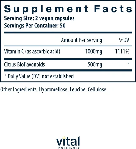 Vista 2 de Vital Nutrients Vitamina C con bioflavonoides - Suplemento vegano para apoyo inmunológico* - 1000 mg de vitamina C y 500 mg de bioflavonoides