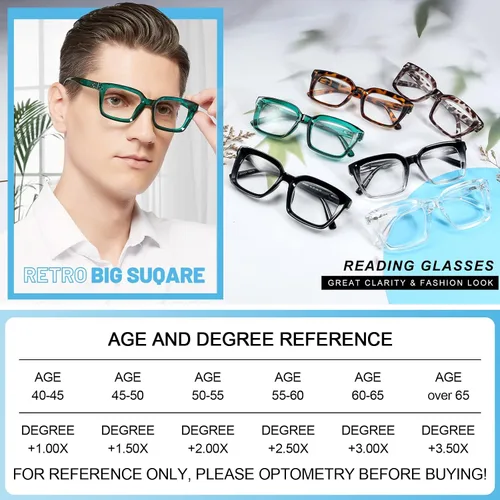 Vista 5 de MARE AZZURO Gafas de lectura cuadradas retro 1.00 para hombres lectores grandes 100 125 150 175 200 225 250 275 300 350 400 500 600 (Verde, 1.0)
