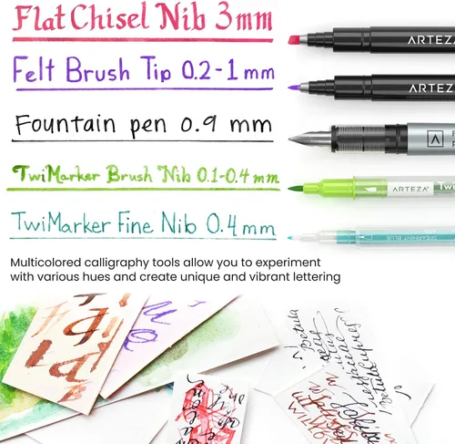 Vista 5 de ARTEZA Kit de caligrafía y letras – Juego para principiantes con marcadores de alcohol, bolígrafos de pincel, papel y herramientas para letras a