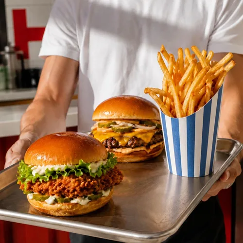 Vista 3 de Restaurantware Bio Tek - Recipientes de papas fritas de 12 onzas, 100 tazas desechables de charcutería, diseño inclinado, redondo, a rayas, de Azul