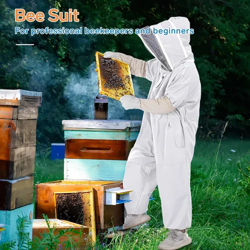 Vista 6 de Trajes de abeja para hombres y mujeres, a prueba de picaduras, traje de apicultura con guantes de apicultura y capucha de velo (blanco)