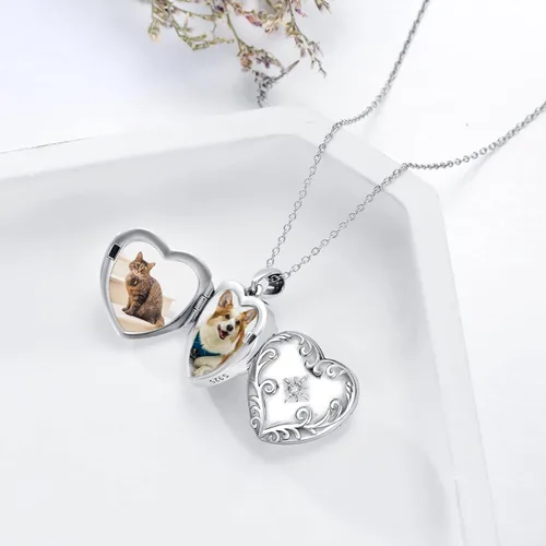 Vista 4 de BETHZA Diamond Heart Locket Necklace for Women Sterling Silver 0.035CT Real Diamond Photo Pendant That Holds 4 Pictures Jewelry Gift for Mother Wife