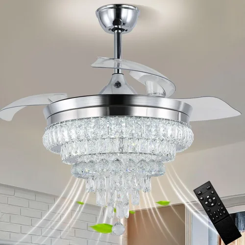 Vista 11 de CLAIRDAI Ventilador de techo de 42" de oro con candelabro de cristal y luces con APP y control remoto, lámparas regulables, 3 cambios