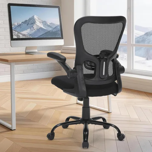 Vista 2 de Silla de oficina ergonómica de malla, soporte lumbar ajustable, brazos abatibles, silla giratoria para computadora con respaldo transpirable