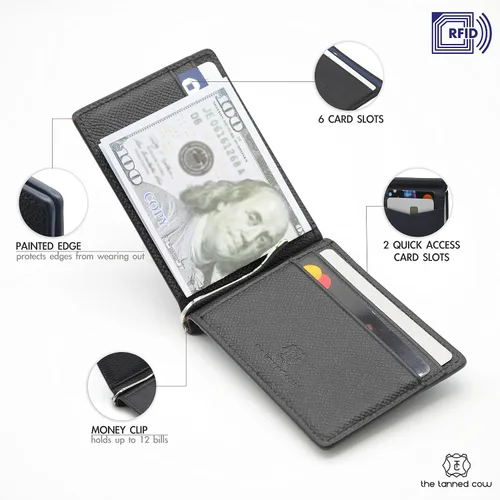 Vista 5 de Billetera plegable súper delgada, de piel auténtica, minimalista, con bolsillo frontal, para hombre, con clip para dinero, bloqueo RFID, Negro