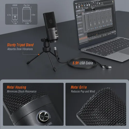 Vista 7 de FIFINE Micrófono USB, Micrófono de condensador de metal para grabar en MAC OS, Windows, Micrófono cardioide para laptop para grabar voces