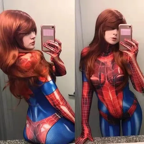 Vista 4 de Disfraz de araña para mujer, body con máscara y lentes, traje de superhéroe de Halloween para cosplay (XL, rojo), Rojo