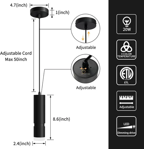 Vista 5 de OKELI Luz Colgante, Luminaria de Luces Colgantes Negras Modernas, Iluminación Colgante LED Única de 3-CCT para Isla de Cocina, 20W