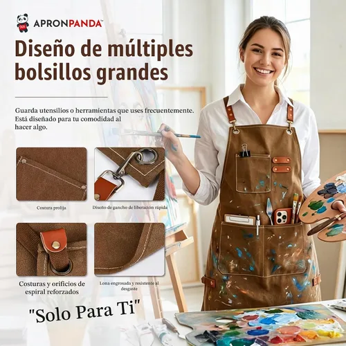 Vista 5 de APRONPANDA Cross-Back Chef Aprons for Men and Women, Water Repellent Cotton Canvas Adjustable Work Apron with Pockets Marrón