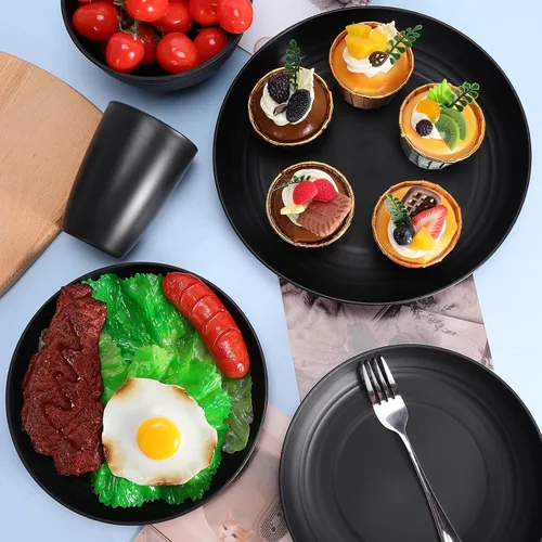 Vista 6 de Juego de vajilla de paja de trigo, 32 piezas, platos de plástico y cuencos Black Unbreakable Dinnerware Set, Reusable Lightweight Dish Set for