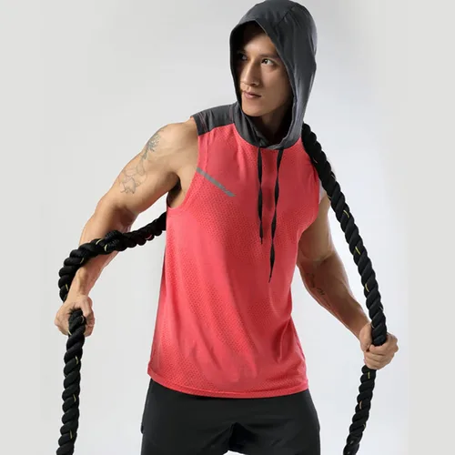 Vista 2 de Camisetas sin mangas con capucha para hombre, con capucha, recortadas, atléticas, para gimnasio, T55N