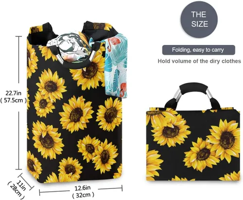 Vista 5 de senya Cesta de lavandería grande para compras, plegable, de tela, plegable, para ropa sucia, contenedor plegable para lavado (girasol negro)