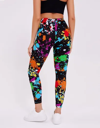Vista 5 de sissycos - Leggings elásticos y suaves para mujer, con estampado salpicado artístico de neón y estilo de los años 80