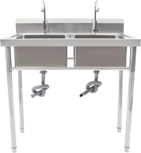Vista 17 de Fregadero de cocina de restaurante comercial independiente de acero inoxidable con soporte, preparación de cocina y lavabo de mano para el hogar