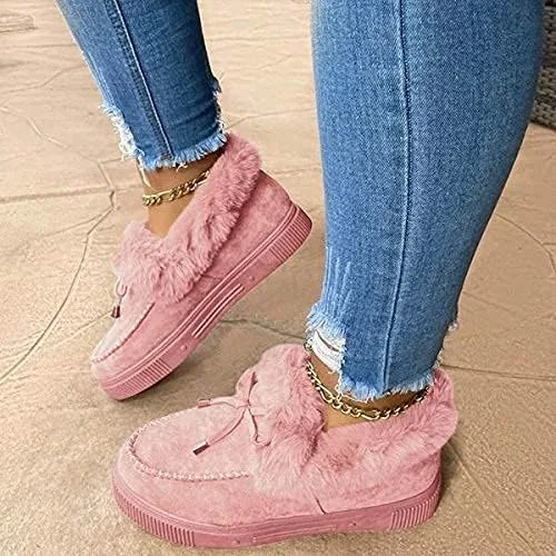 Vista 7 de TINSTREE Botas planas de invierno cálidas y duraderas, zapatos casuales de moda con forro de piel, botines de nieve, mocasines planos de plataforma
