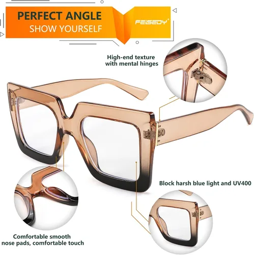 Vista 3 de FEISEDY Gafas de luz azul de gran tamaño para mujer, antifatiga, gruesas, cuadradas, para computadora, B2381