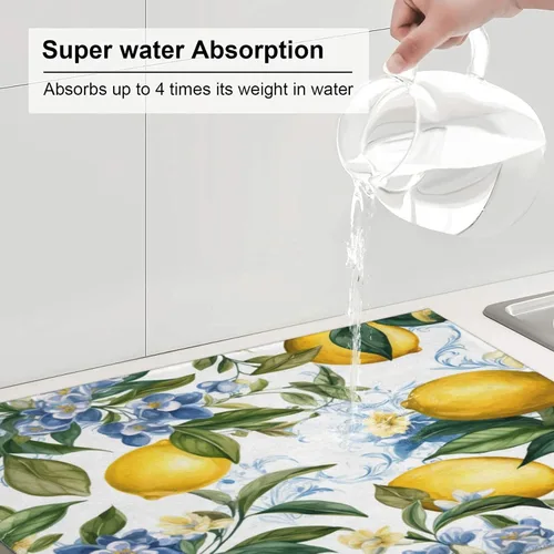 Vista 5 de Tapete de secado de platos de limón para encimera de cocina, protector y decoración súper absorbente de doble cara de microfibra para barra de café