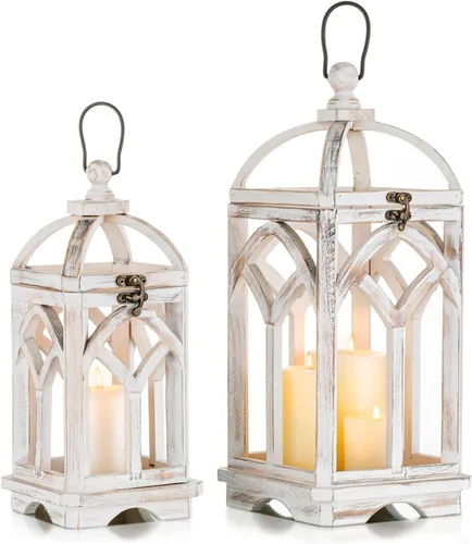 Vista 9 de Romadedi Farol de vela de madera de granja, juego de 2 candelabros decorativos de madera rústica, decoración del hogar, mesa de boda, centro