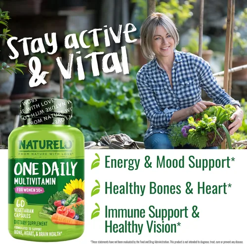 Vista 4 de Naturelo Multivitamina de un día para mujeres de más de 50 años (sin hierro) - Apoyo para la menopausia para mujeres mayores de 50 años - Suplemento