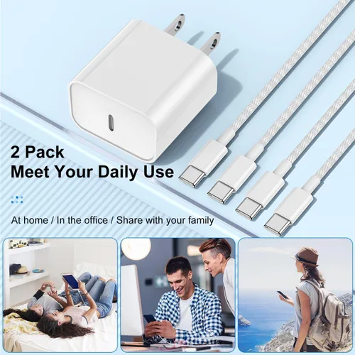Vista 6 de Cargadores de carga rápida para iPhone 15 y 16, paquete de 20 cargadores de pared USB C de 20 W para iPhone 16 Pro Max con 2 cables USB C a C de 6