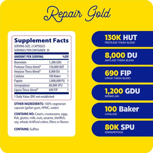 Vista 8 de Enzymedica Repair Gold para hombres y mujeres - Suplemento de enzimas proteolíticas con bromelina, proteasa, serrapeptasa y más, suplemento de apoyo